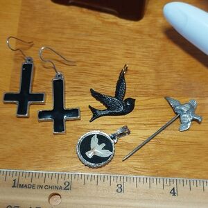 🔖Gothic Cross Earring Bird Pendant Pin Lot Black